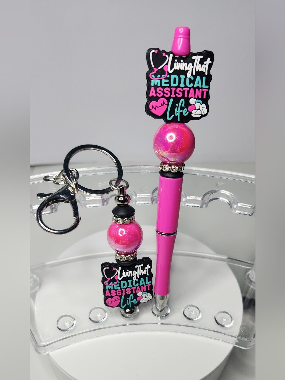 Custom made-Living That Medical Assistant Life Pink Pen & Keychain Set